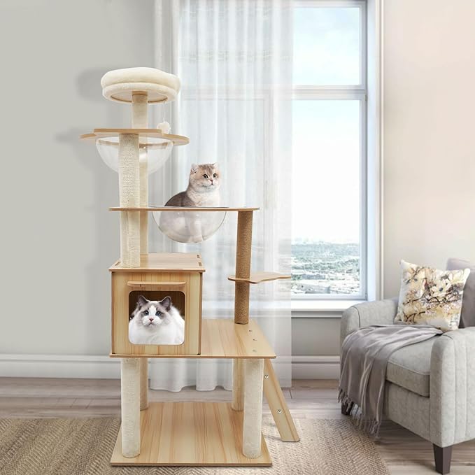 Wood Cat Tree, Modern 5-Tier Wooden Cat Tree, Wooden Tower with Acrylic Space Capsules & Sisal Scratching Post, 55.1in Multi-Level Activity Center for Indoor Cats (22lbs Capacity)