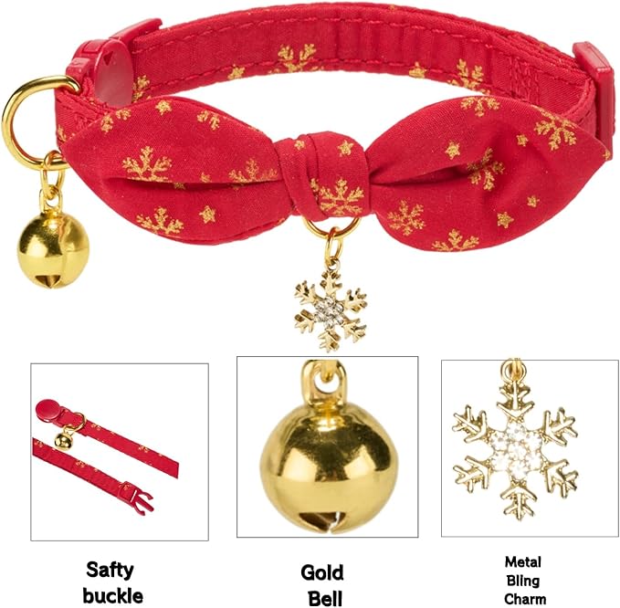 2 Pack Christmas Cat Collar with Bell and Removeable Bunny Bowtie,with Bling Snowflake Charm and Printing Pattern, Safety Breakaway Clasp, Adjustable for Kitten and Cats Green and Red.
