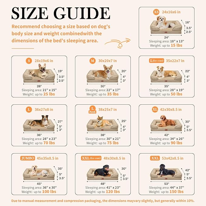 Comfort Expression Orthopedic Dog Bed for Large Dogs 36x27 Inch, Waterproof Egg Crate Foam Large Pet Bed with Removable Bolsters, Dog Couch with Washable Cover & Non-Slip Bottom, Light Brown
