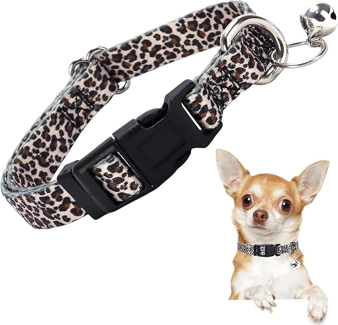 Small Dog Collar with Bell，Nylon - Adjustable XXS/XS Tiny Dog & Cat Collar for Small Breeds,Soft Leopard Collar with Quick-Release Buckle（Leopard S）