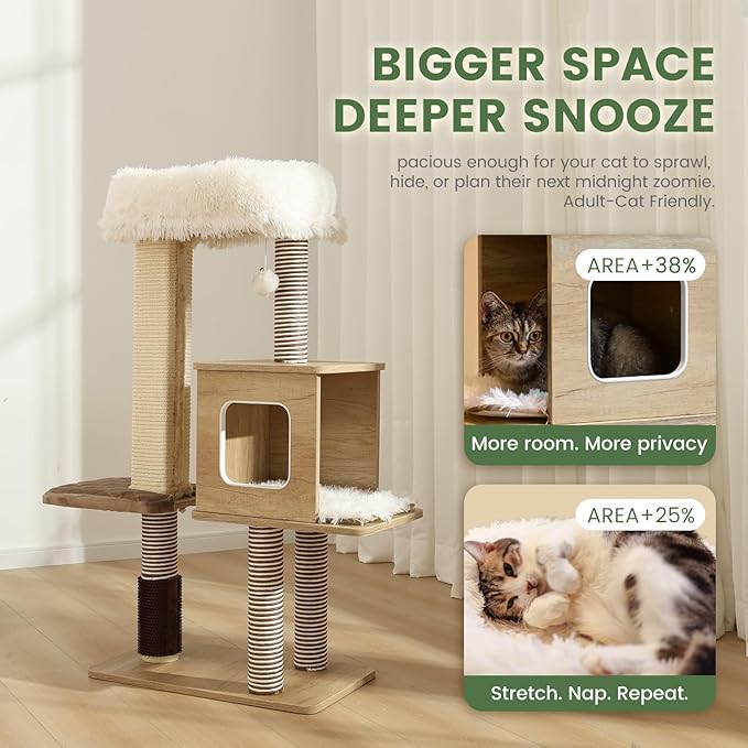 Cat Tree Tower, 41.7 in Wood Cat Condo with Sisal-Covered Scratching Posts and Plush Pom-pom, Multi-Level Climbing Cat Furniture with Jump Platform for Indoor Cats, Beige