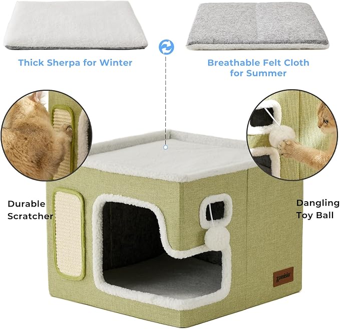 Cat Beds for Indoor Cats - Large Cat House for Pet with Fluffy Ball Hanging and Scratch Pad, Foldable Cat Hideaway,16.5x16.5x13 inches, Navy