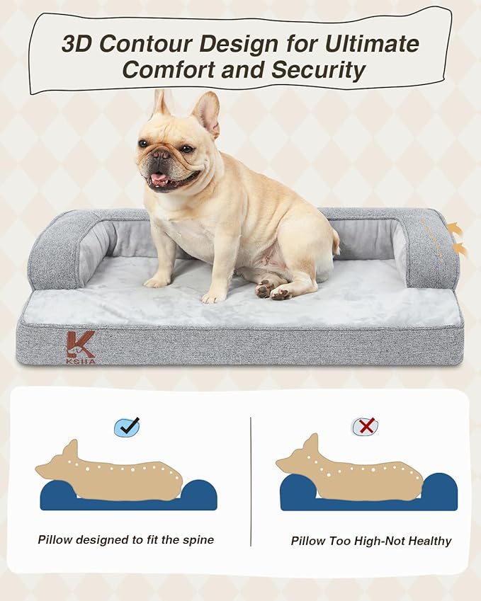 KSIIA Washable Dog Bed Large Sized Senior Dog, Orthopedic Warm Soft Pet Sofa Waterproof Pet Couch with Sides, Non-Slip and Egg-Crate Foam Big Beds with Removable Cover, 35x22Inch, Grey