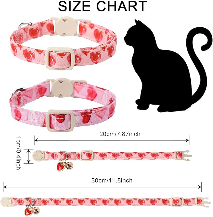 Cat Collar,2 Pack Cat Collars Breakaway with Bell, DOGWONG Safety Buckle Valentine's Day Cat Collar Pink Heart for Girl Boy Cats and Small Dogs，Adjustable 7-12 Inch,Pet Supplies Accessories