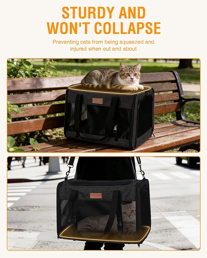 PETUX Large Pet Carrier for Large Cats ＆ Small Dogs - Up to 20Lb, Top and Side Entry, 4 Side Breathable, Foldable Soft Cat Travel Carrier with Safety Car Seat Buckle and Anti-Scratch Mesh - Black