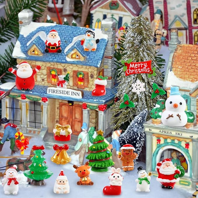 DIYDEC 32Pcs Christmas Miniature Figurines, Mini Resin Figurines to Hide Small Resin Santa Claus Snowman Xmas Trees Animals for Xmas Goodie Bag Fillers Winter New Year Holiday Party Favors Decorations