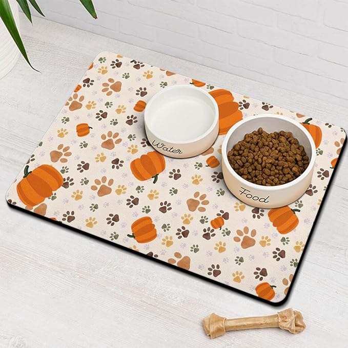 Fall Pumpkin Dog Food & Water Mat, Paw Prints Autumn Pet Feeding Mat for Floor Non-Slip Waterproof, Super Absorbent Cat Bowl Mat, Easy to Clean Eco-Friendly Durable Pet Placemat,12" × 20"