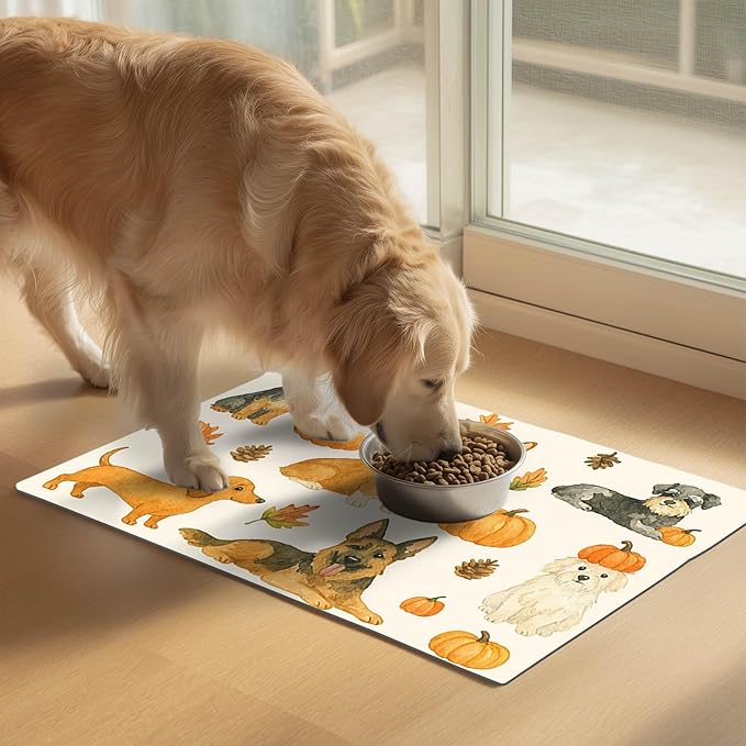 Fall Dog Pet Feeding Mat Autumn Pumpkin Design Food Mat for Dogs and Cats Non Slip Pet Bowl Mat with Cute Puppy Pattern Seasonal Mat for Cat Food and Water Bowls Home Kitchen 24" x 16"