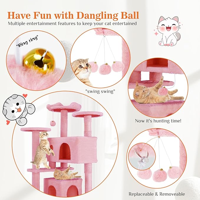 Sweetcrispy 54-Inch Cat Tree Tower – Multi-Level with Sisal Scratching Post, Perfect Pet Gift, Indoor Condo with Climbing Ladder, Plush Toy, and More Animal Stuff, Pink