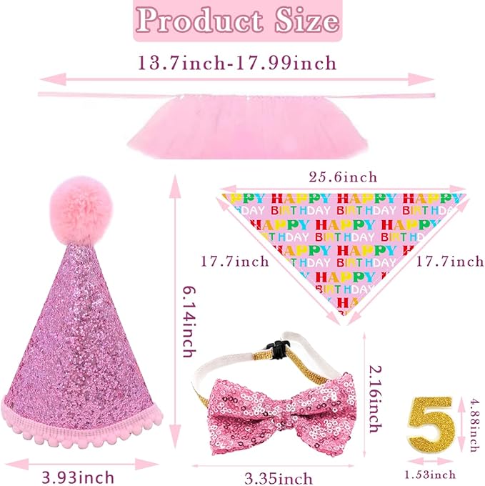PET SHOW 4Pcs Pink Dog Birthday Hat with 11 (0-9) Numbers Happy Birthday Bandana Dogs Bowties Tutu Dress Set for Small Dogs Cats Puppy Party Wedding Supplies