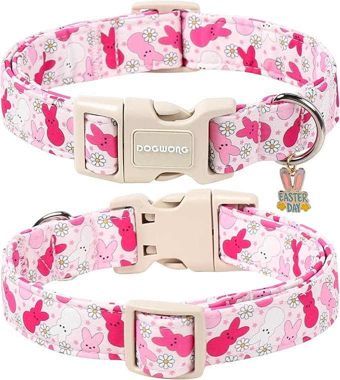DOGWONG Easter Dog Collar, Cute Easter Pink Bunny Pet Collar Durable Holiday Girl Boy Adjustable Cotton Dog Collars for Large Dogs,XL Visit The Elegant Little Tail Store