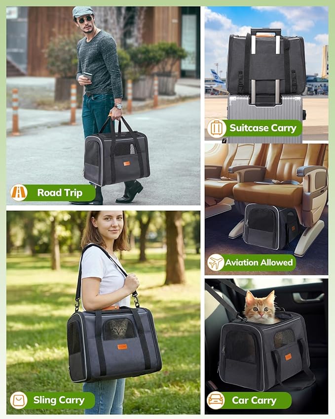 Morpilot Pet Travel Carrier Bag, Soft-Sided Dog Carrier Cat Carrier Pet Carrier, for Large Cats and Medium Puppies up to 25lbs, with Locking Safety Zippers, Foldable Bowl (Dark Gray)