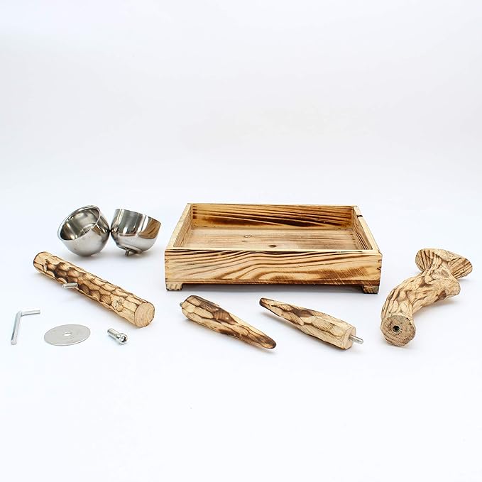 PENN-PLAX Bird-Life Natural Wood Tree Perch for Small and Medium Birds – Includes Food and Water Bowls with Drop Tray – Medium