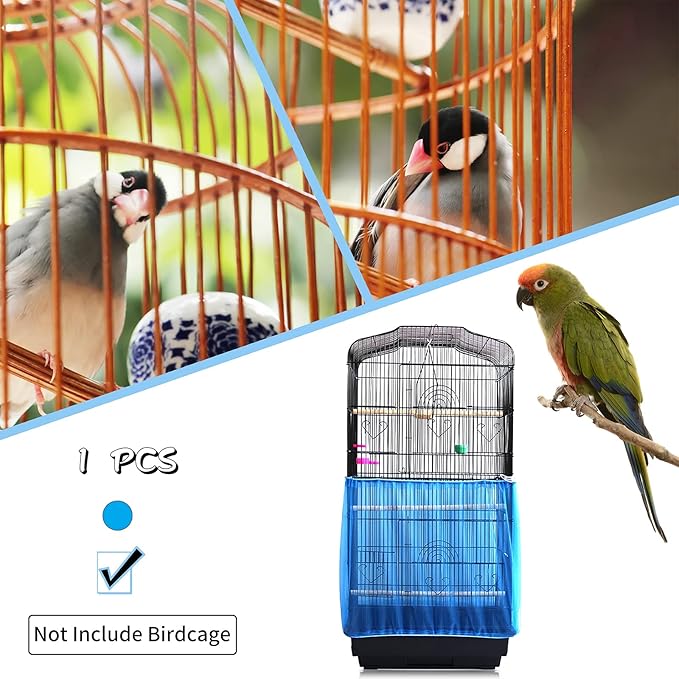 Daoeny Universal Bird Cage Cover, Adjustable Seed Feather Catcher, Soft Airy Nylon Mesh Parrot Net, Birdcage Cover Skirt Sheer Guard for Round Square Cages (Blue)