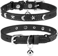 Leather Cat Collars for Boy Girl Cats with Bell and Safety Elastic Belt, Personalized Star and Moon Stud Adjustable Safe Buckle Collar for Kitty Small Big Cats Size 7-9 Inch, Black