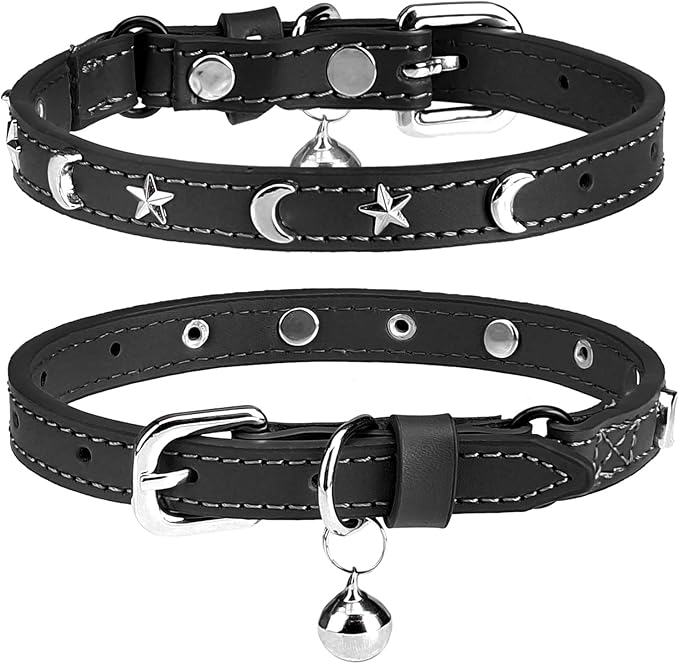 Leather Cat Collars for Boy Girl Cats with Bell and Safety Elastic Belt, Personalized Star and Moon Stud Adjustable Safe Buckle Collar for Kitty Small Big Cats Size 7-9 Inch, Black
