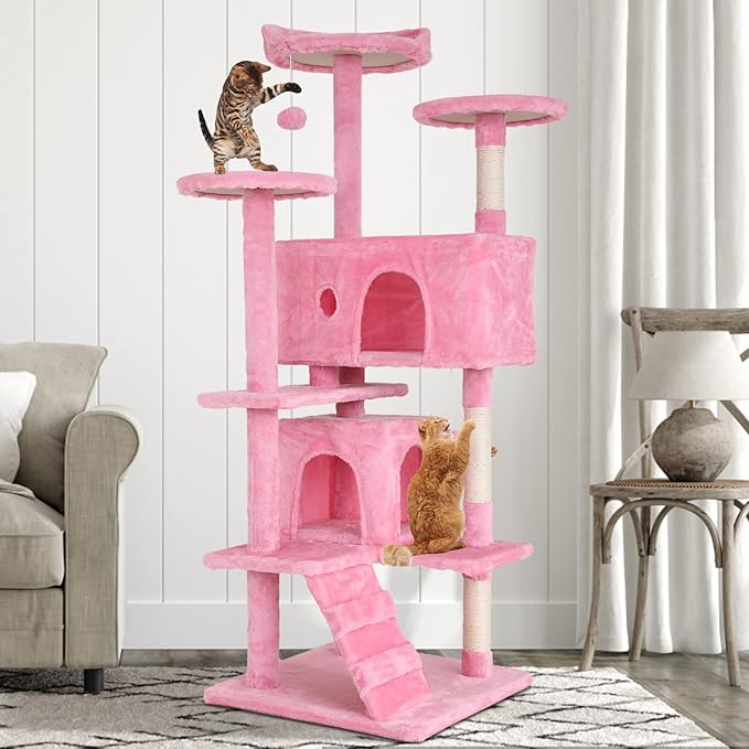 Cat Tree for Indoor Cats, Multi-Level Cat Tower with Scratching Posts & Cozy Condo, Space Saving Cat Activity Center, Durable Pet Play House (54in,Pink)