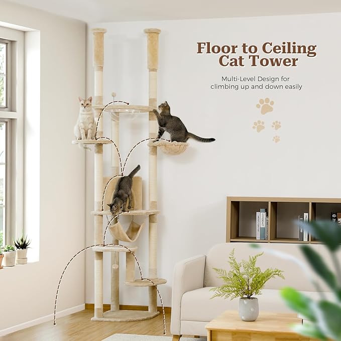 PETEPELA Floor to Ceiling Cat Tree, 92.9''-101.6''Height Adjustable Cat Tower Tall Cat Climbing Play House, Cozy Condo, Scratching Post and Spacious Hammock for Indoor Cats Large Adult, Beige