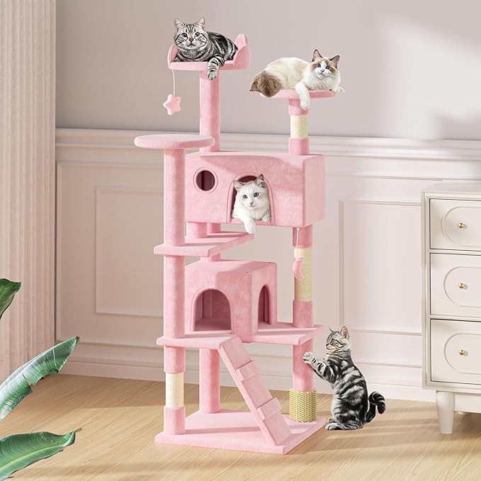 MoNiBloom 60 Inch Cat Tree Tower for Indoor Cats Large Adults, Pink Cat Tower with Scratching Post, Multi-Level Furniture Activity Center with Cat Condo Pet Play House, Soft Pink