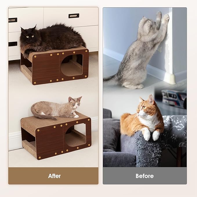 EHEYCIGA Cardboard Cat Scratcher House, 20-Inch Corrugated Cat Scratcher for Indoor Cats, Large Scratching Board Pad, Dark Brown
