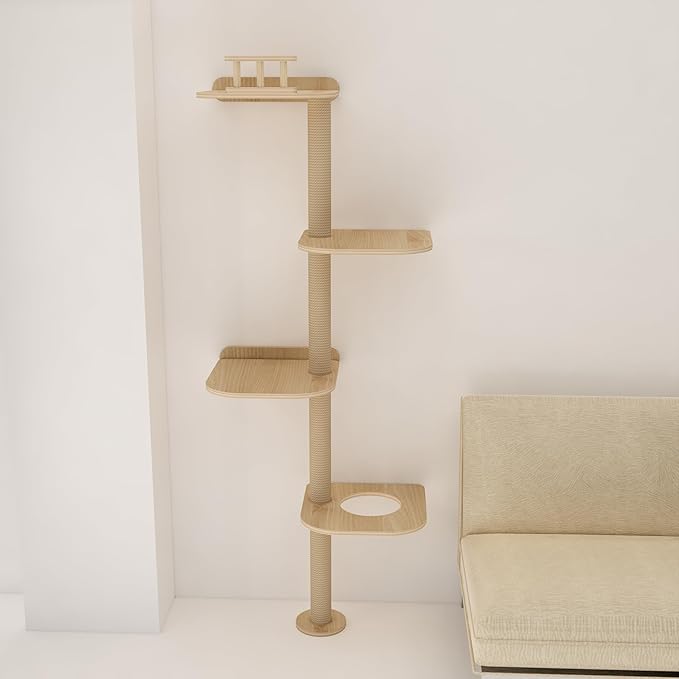 Wall-Mounted Tall Cat Tree Cat Scratching Post, Space Saving Floor to Ceiling Cat Tower, Natural Wood Cat Wall Shelves, Corner cat Jumping Platform cat Bed,Suitable for Large Cats
