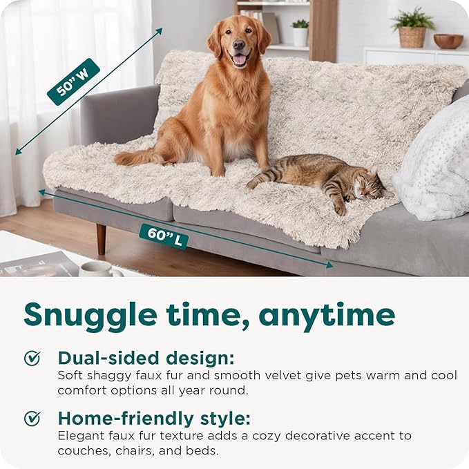 FurHaven Waterproof Throw Blanket for Dogs & Indoor Cats, Reversible Protective Pet Blanket, Extra Large, Long Faux Fur & Velvet, Driftwood