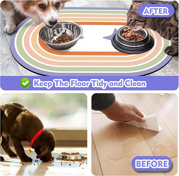 Cat Food Mat Small - 20''x12'' Absorbent Cat Feeding Mat, Pet Water Mats Protect Floor, No Stains Quick Dry Pet Placemats for Food and Water Bowl, Non-Slip Base Cats Bowl Mats for Messy Drinkers