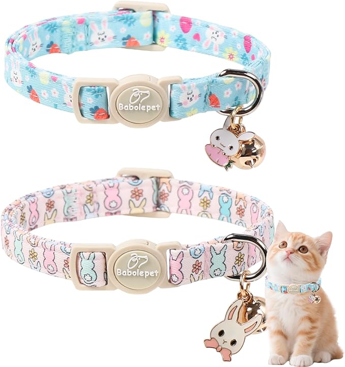 2 Pack Easter Bunny Cat Collars - Cute Breakaway Easter Cat Collar with Bell & Bunny Pendant, Adjustable Spring Holiday Pink Blue Kitten Collars for Boy Girl Cats