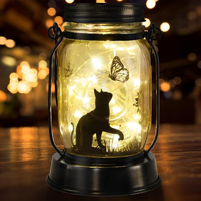 kyoryuger Cat Gifts Cat Lover Gifts for Women/Mom/Grandma/Sister, Cats Butterfly Solar Lights Outdoor Hanging Cat Lanterns Fairy Lights, Kitty Lamps Decor for Yard Lawn Garden Patio
