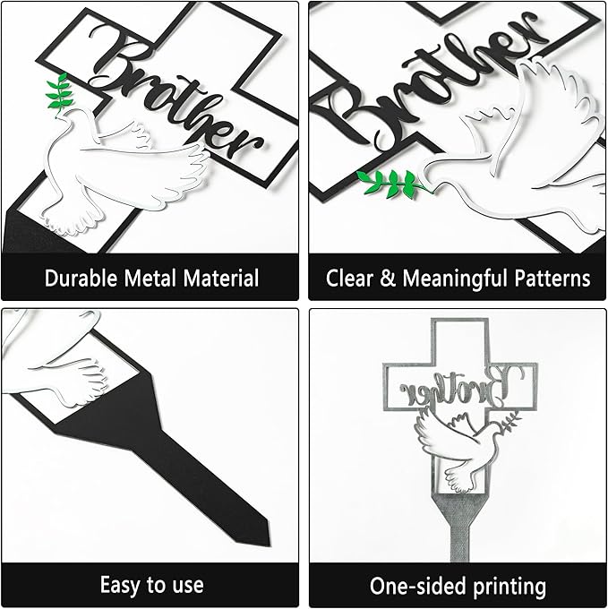 BUoonyer Garden Stake Graves Cemetery Decorations, Brother Metal Memorial Grave Markers, Cross Graveyard Commemorative Plaque for Boy, Dove Remembrance Sympathy Graveside Decor Sign for Outdoor Yard