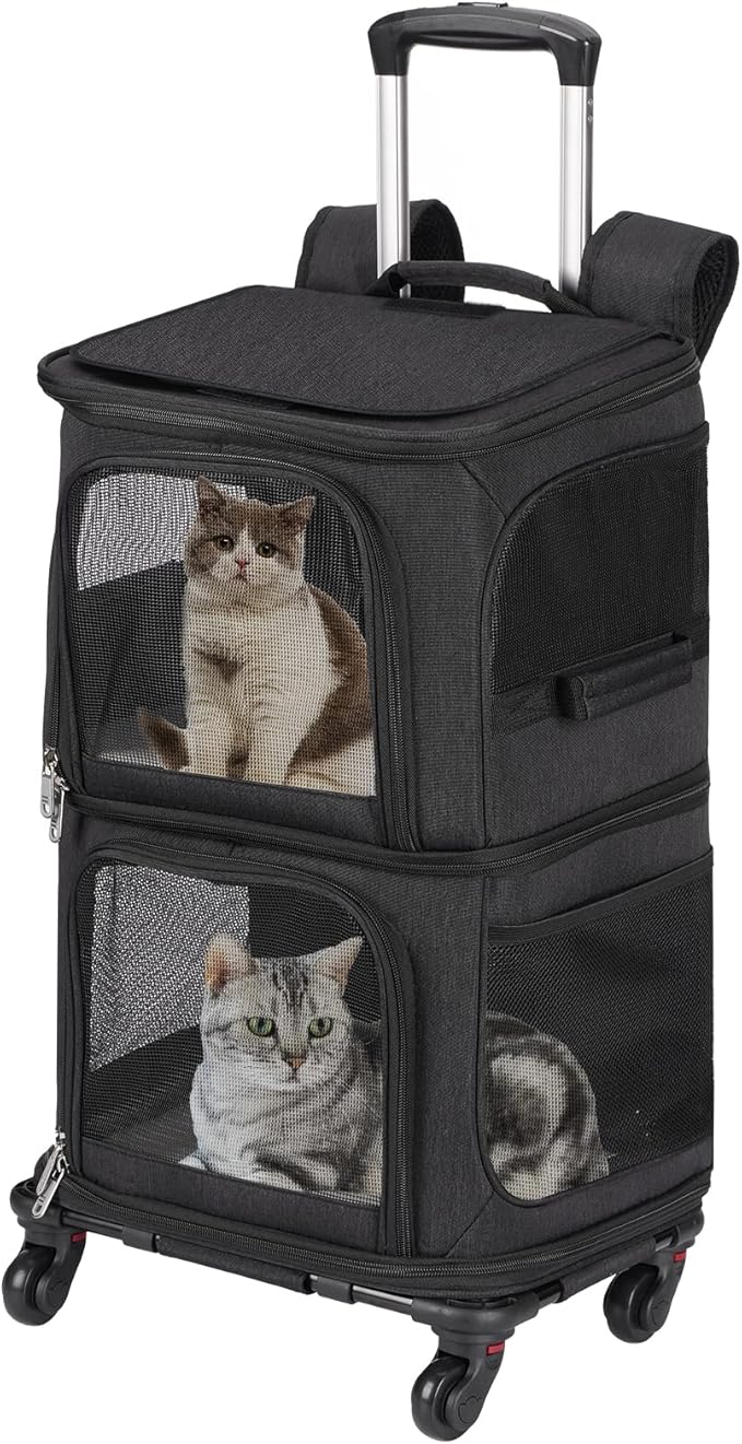 Double Pet Carrier Backpack with Wheels for Small Cats and Dogs, Rolling Cat Travel Carrier, Super Ventilated Design, Ideal for Traveling/Hiking/Camping, Black
