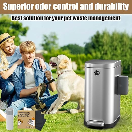 Dog Poop Trash Can Outside with Odor Control Lid & Step Pedal, 3.2Gal Stainless Steel Outdoor Trash Can, Waterproof Dog Waste Container Station - Includes Carbon Filters & Paw Stickers