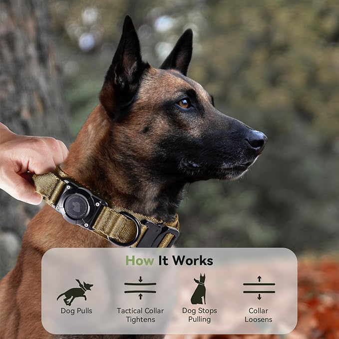 2025 Upgrade Waterproof AirTag Dog Collar, Military Tactical Dog Collar with AirTag Holder, Comfortable Control Handle and Metal Buckle, GPS Dog Collar Holder for Medium to Large Dogs (Khaki,X L)