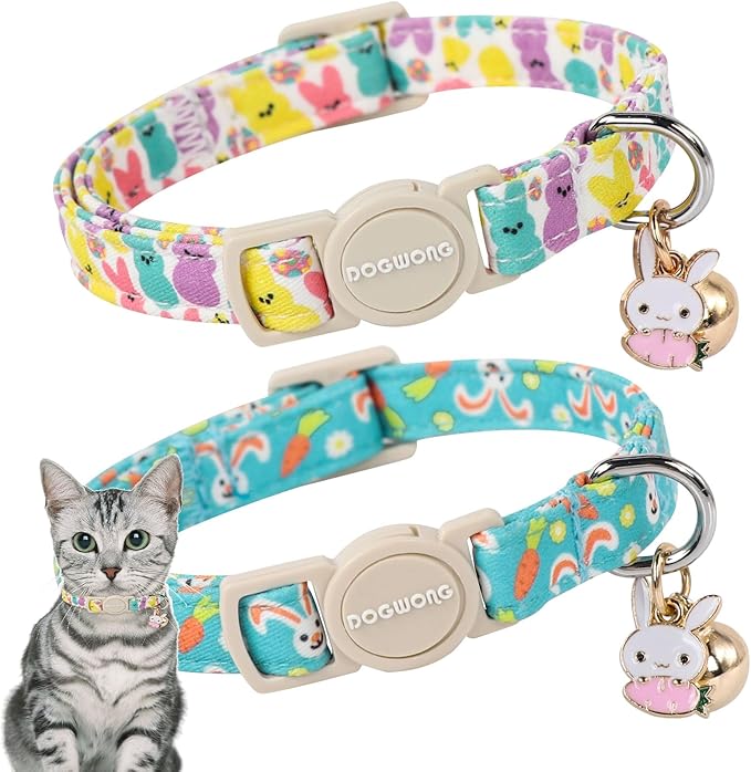 Cat Collar,2 Pack Easter Day Bunny Cat Collars Breakaway with Bell, DOGWONG Safety Buckle Cat Collar Rabbit Cat Collar for Girl Boy Cats，Adjustable 7-12 Inch