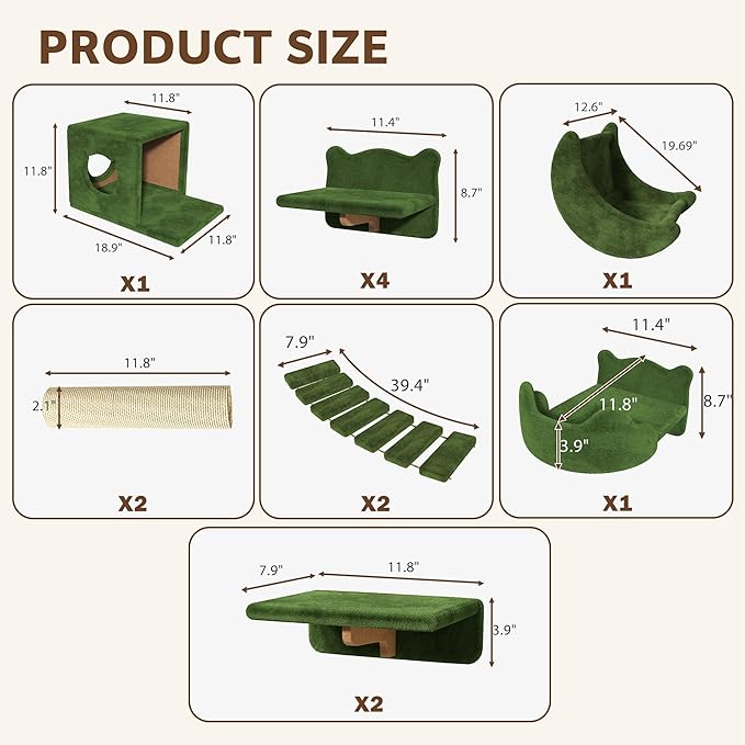 13-in-1 Cat Wall Shelves, Wall Mounted Cats Furniture Set with Plush Fabric, Cat Climbing Wall Systems, Cats Shelf with Moon Hammock, Condo, House, Step, Bridge Ladder, Scratching Post, Green
