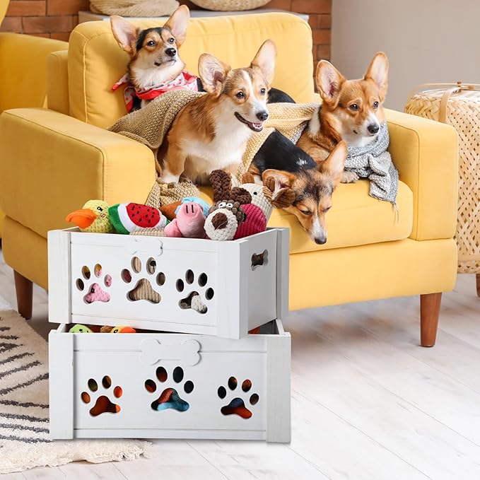 3 Pack Dog Toy Bin Wood Large Dog Toy Basket with Handle and Bone Tags Multi-size Hollow Claw White Wooden Storage Crates for Chew Pets Blankets Food Leash Display Accessories