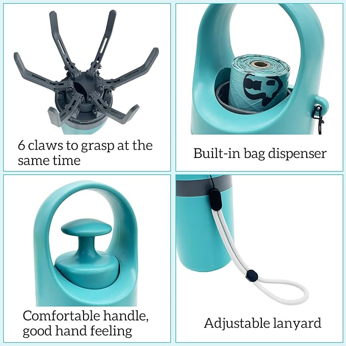 Fhiny Portable Dog Poop Scooper, No-Touch Handheld Doggy Poop Scooper Sanitary Puppy Waste Picker with Bag Dispenser Convenient Lightweight Six Claws Poop Waste Cleaner for Dog Great for Walks Travel