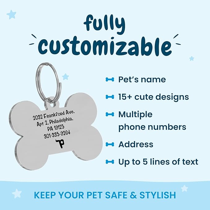 PawFurEver Custom Engraved Pet ID Tag – Personalized Dog Name Tag for Dogs and Cats, Stainless Steel Collar Accessory with Cute Designs for pet Name Tags (Bone, Silver) 15.95