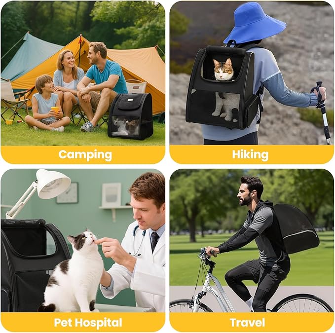 Cat Backpack Carrier for Small Dogs and Cats Fit Up to 15 Lbs,Small Dog Backpack, Foldable with 3-Side Mesh Windows, Pet Carrier for Travel & Hiking Friendly，Black