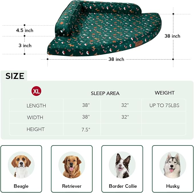 Large Dog Bed for Christmas - XL Orthopedic Egg-Crate Memory Foam Dog Beds with Removable Washable Cover, Waterproof Pet Beds with Non-Slip Bottom, Green