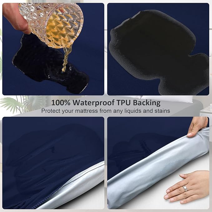 Waterproof Mattress Protector King, Fitted Sheet Style Breathable Mattress Cover with Deep Pocket Fits Up to 18'', Noiseless Bed Cover for Kids Adults Pets, Machine Washable (Navyblue, 76'' X 80'')