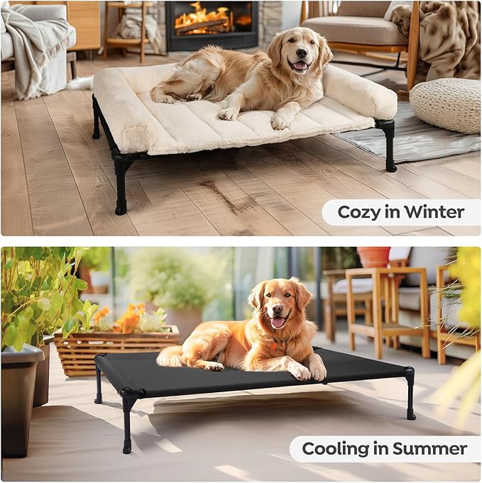 Veehoo Orthopedic Elevated Dog Bed with Fluffy Plush Bolster Cushion, Indoor Raised Dog Beds for Large Dogs, Soft Pet Sofa Cot with Removable Washable Mat, No-Slip Feet, 42 x 30 inches, Cream White