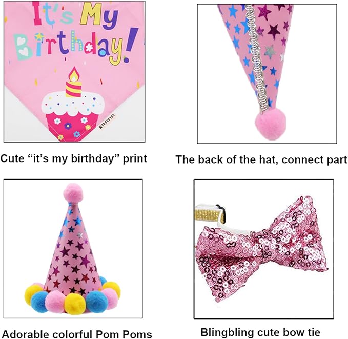 ADOGGYGO Dog Birthday Bandana Scarf and Dog Girl Birthday Party Hat with Cute Bow Tie for Medium Large Dog Pet (Large)