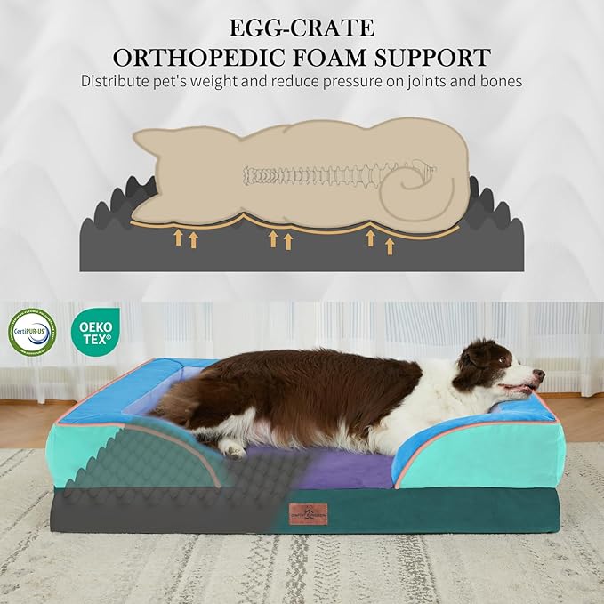 Comfort Expression Orthopedic Dog Bed for Extra Large Dogs 42x30 Inch, Waterproof Egg Crate Foam XL Pet Bed with Removable Bolsters, Dog Couch with Washable Cover & Non-Slip Bottom, Violet Tide
