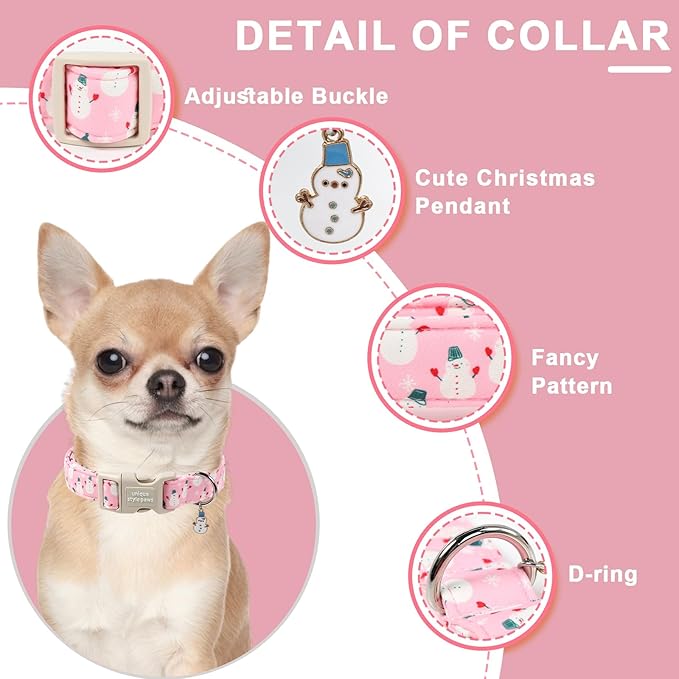 Unique Style Paws Christmas Dog Collar,Pink Snowman Print Dog Collar for Small Dogs,Soft Cotton Puppy Collars with Adjustable Buckle for Small,Medium,Large Dogs