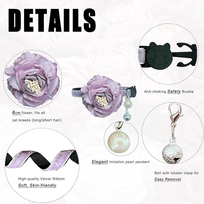 Fupo Purple Cat Collar with Flower Bowtie - Kitten Collar Breakaway Cat Collar for Girl Cats Puppies