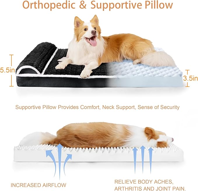 Orthopedic Jumbo Dog Bed Large Sized Dog with Pillow 56''X40'' Waterproof Soft Comfortable Egg Crate Foam Pet Crate Beds Mat with Removable Washable Cover and Non-Slip Bottom, Black
