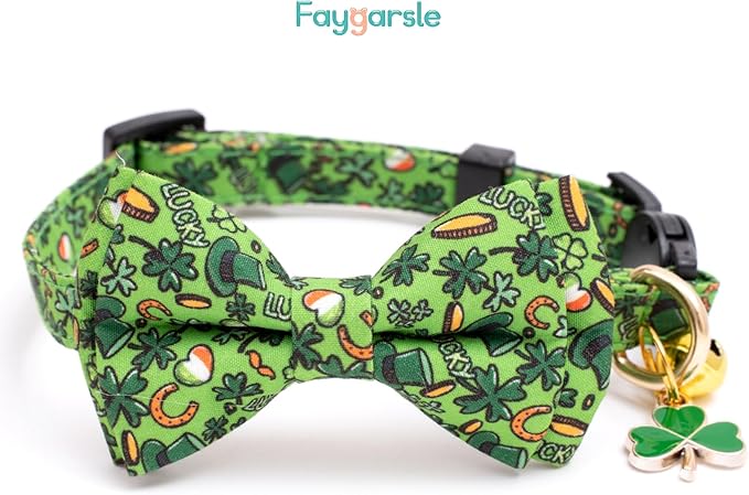 Faygarsle 2 Pack St Patrick's Day Cat Collar Cute Trefoil Gold Coin Printed Collar with Bow tie Breakaway Green Yellow Cat Collar for Boy Girl Cats