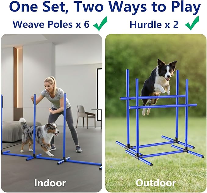 6 Weave Poles & 2 Hurdle Dog Agility Set, Indoor & Outdoor Training Equipment with Support Feet, 31" Height, 24" Spacing, Storage Bag