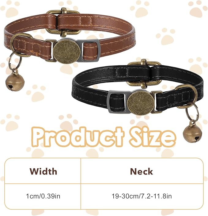 2 Pcs PU Leather Cat Collar Breakaway with Bell, Personalized Adjustable Cat Collars Retro Collars Pet Leather Collar with Quick Release Buckle for Cats Kittens